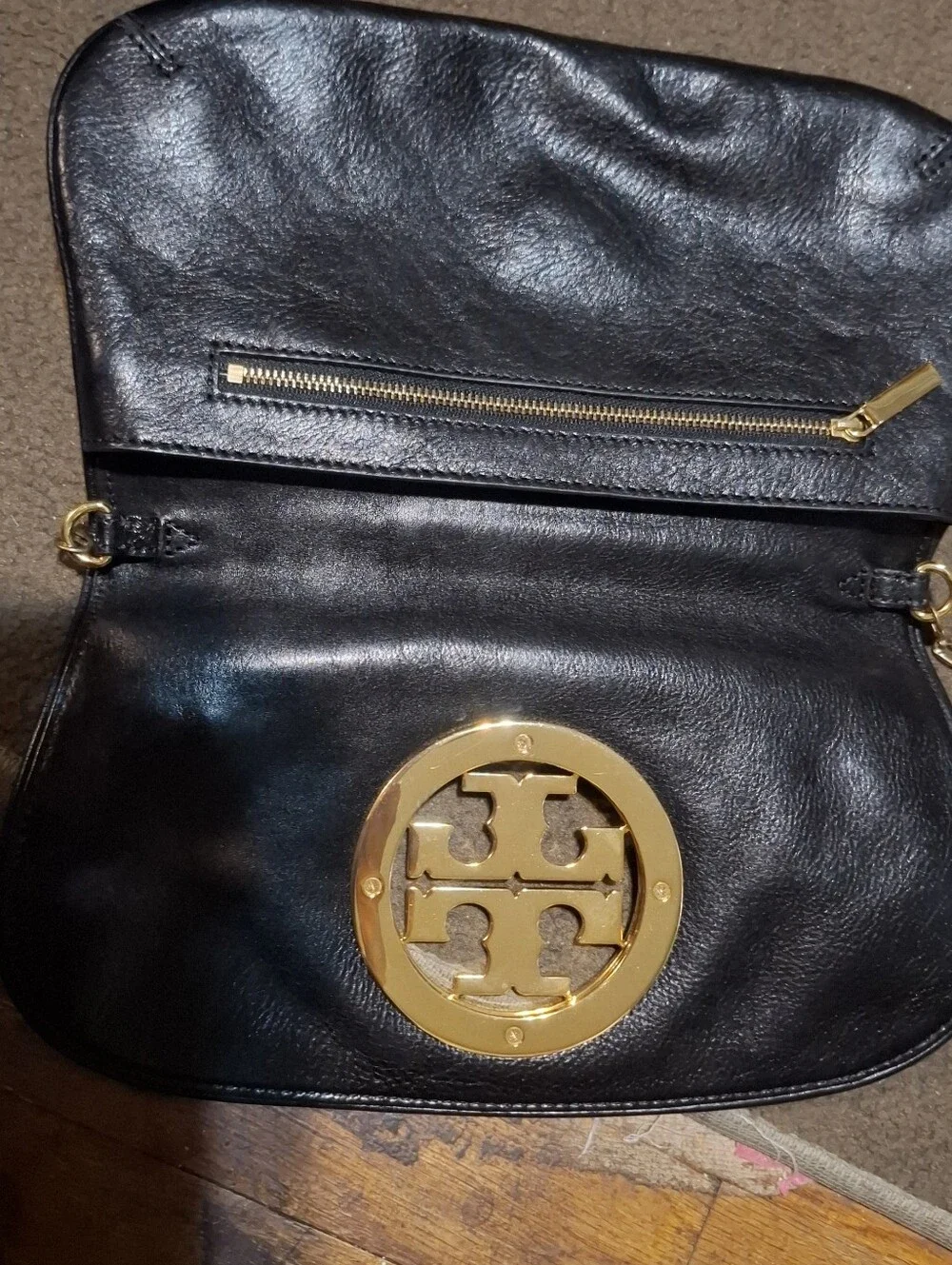 Tory Burch Black Leather Clutch with Gold Logo